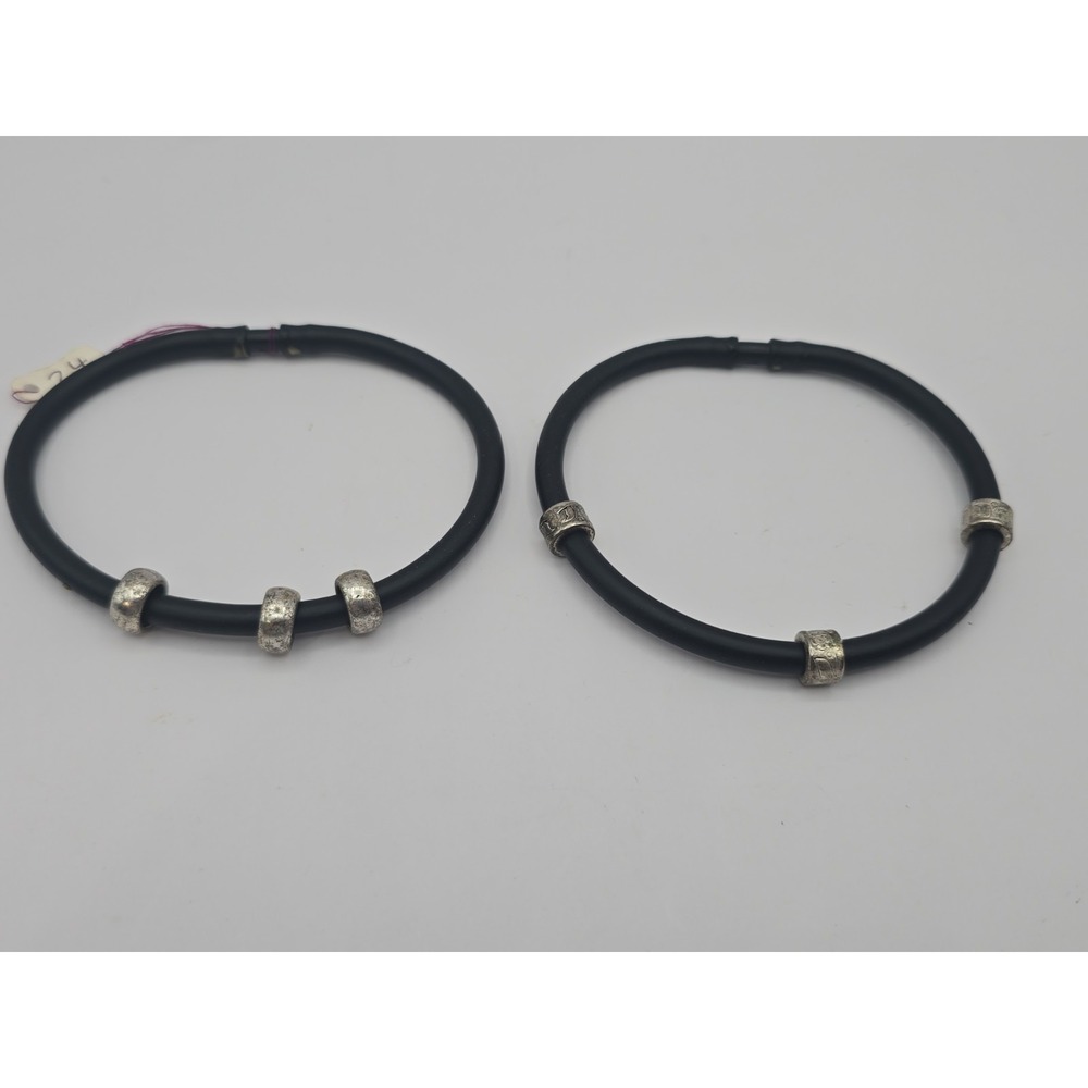 Lot Of 2 Xxl Rubber Tube Bracelets Triple Silver Tone Beads Slide On Handmade